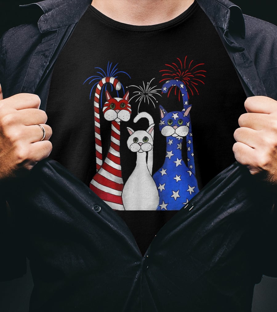 Patriotic Cats American Flag Paws USA Fireworks T-Shirt