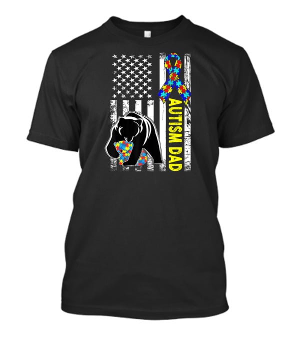 Autism Dad American Flag Bear Puzzle Ribbon Awareness T-Shirt