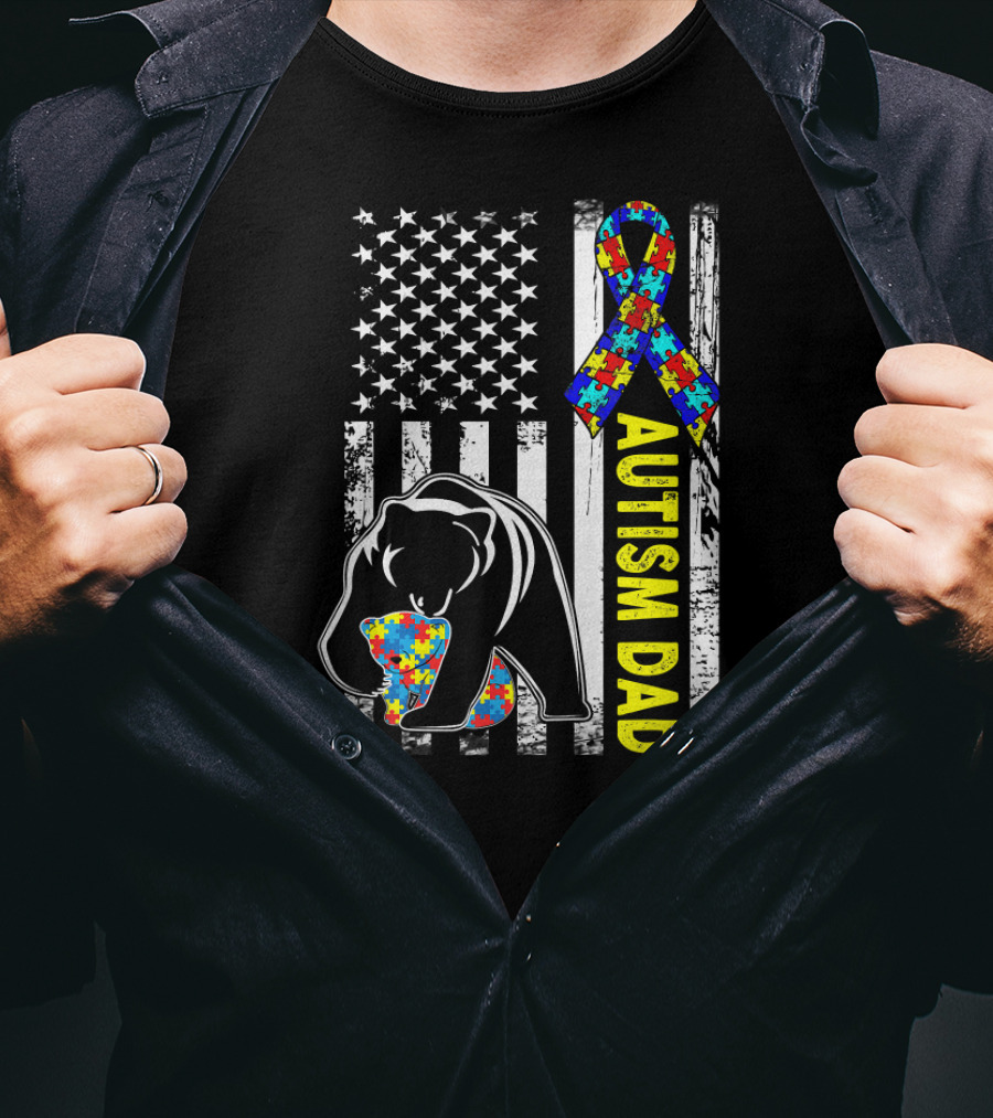 Autism Dad American Flag Bear Puzzle Ribbon Awareness T-Shirt