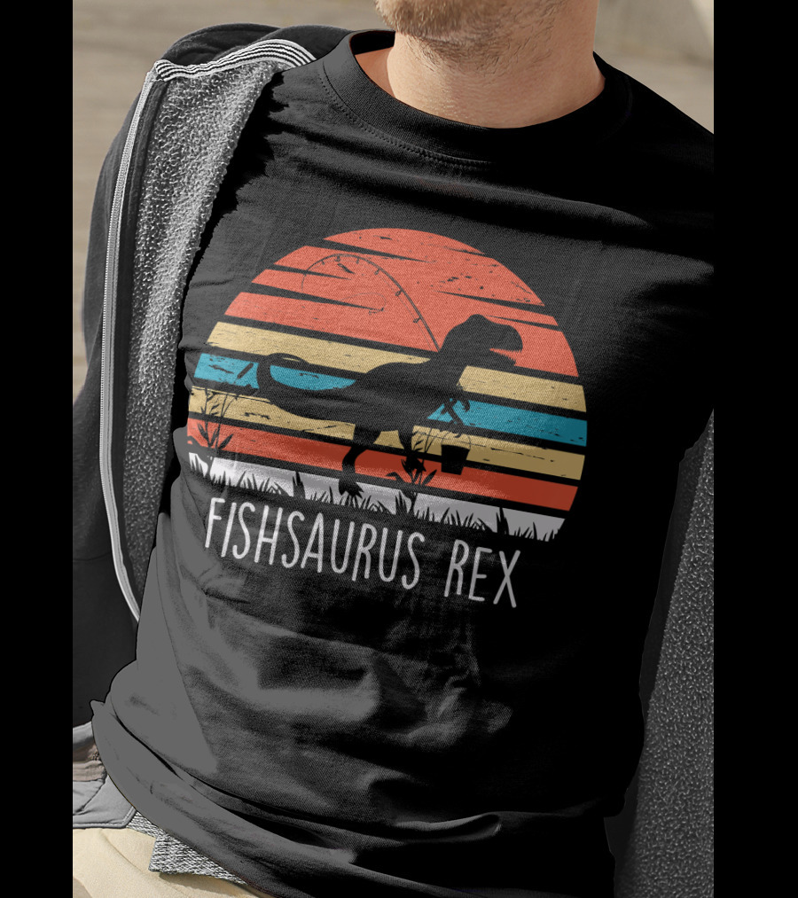 Fishsaurus Rex Dinosaur Vintage Fishing Sunset T-Shirt