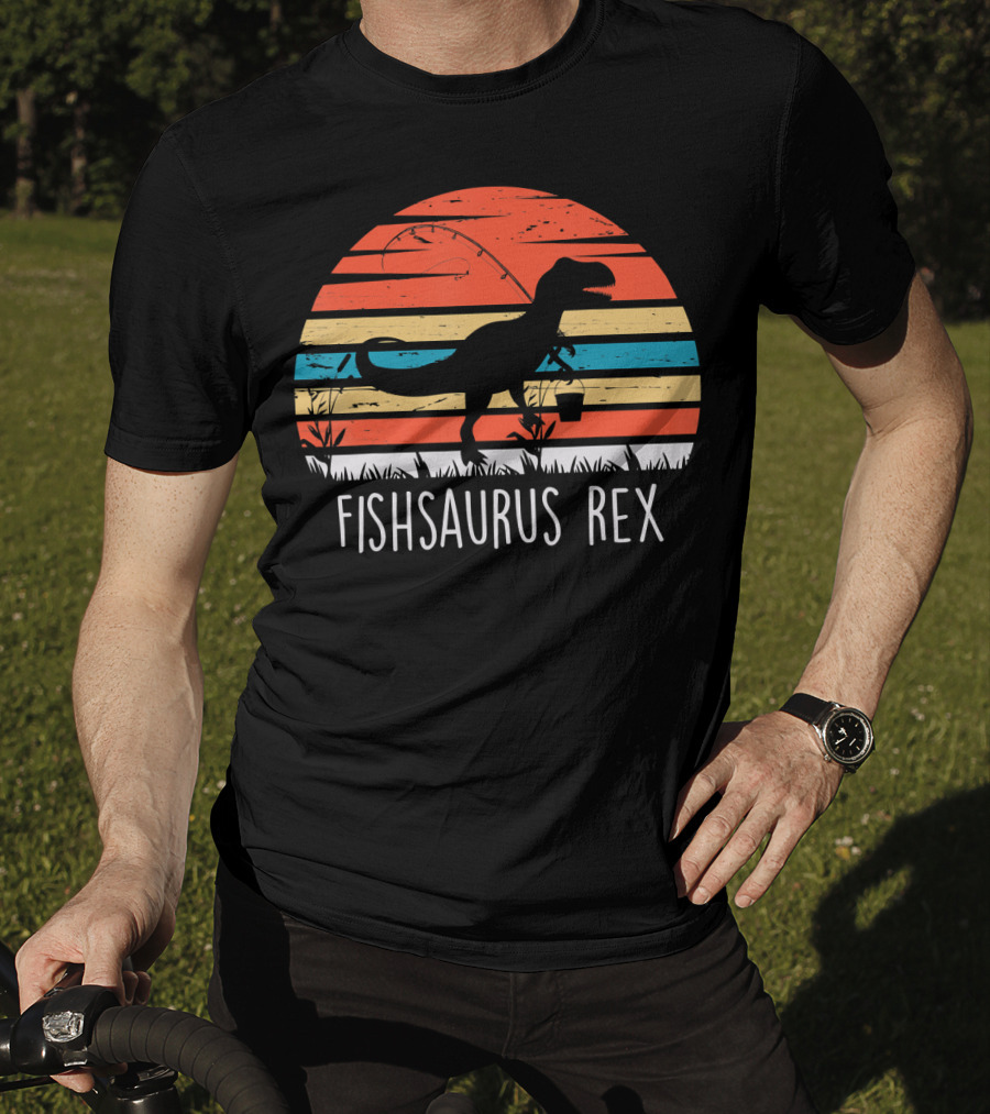 Fishsaurus Rex Dinosaur Vintage Fishing Sunset T-Shirt