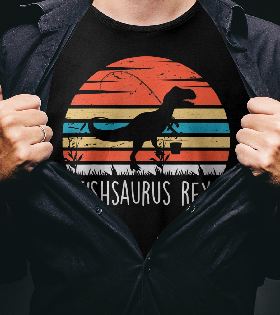 Fishsaurus Rex Dinosaur Vintage Fishing Sunset T-Shirt