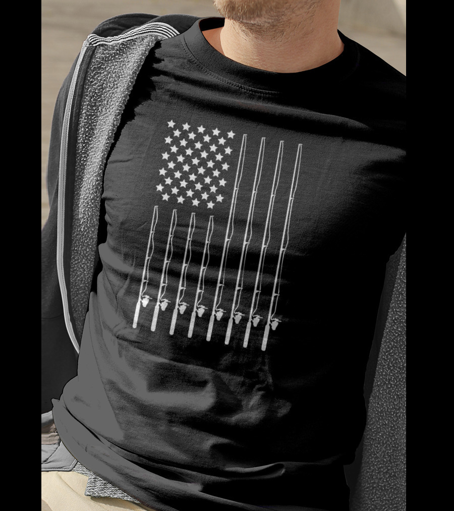 Fishing Pole Stars And Stripes American Flag Patriotic Outdoorsman T-Shirt