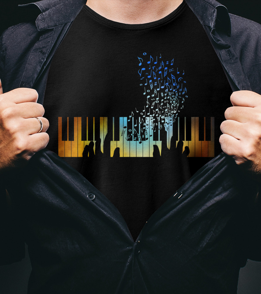 Musical Notes Rising From Colorful Keyboard Piano T-Shirt