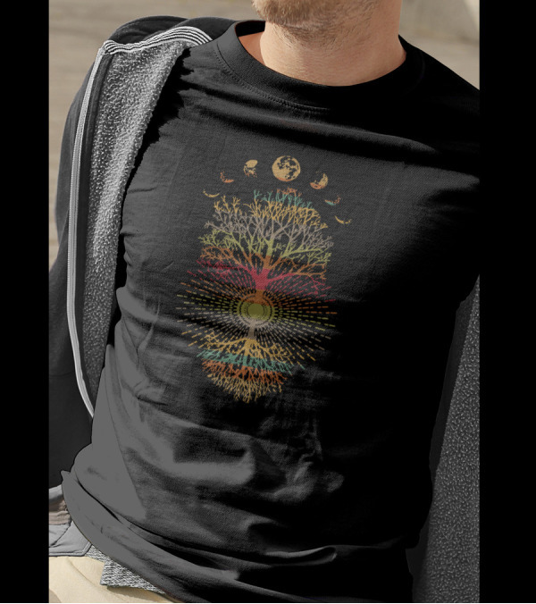 Phases Of The Moon Retro 60's 70's Vibe Tree Of Life Psychedelic Rainbow Roots T-Shirt