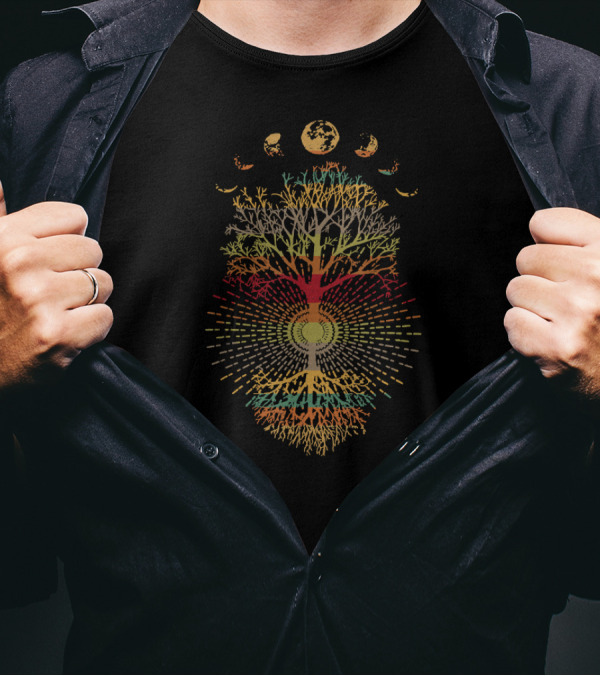 Phases Of The Moon Retro 60's 70's Vibe Tree Of Life Psychedelic Rainbow Roots T-Shirt