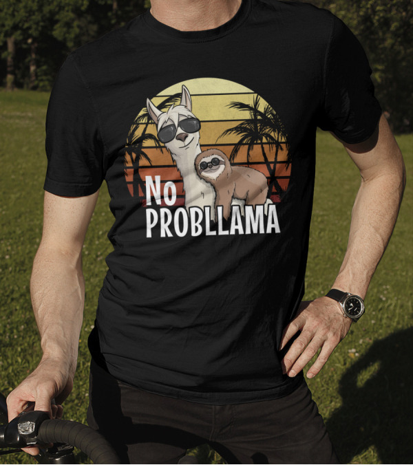 Retro Sunset Style Sloth Riding Llama With Sunglasses No ProbLlama T-Shirt