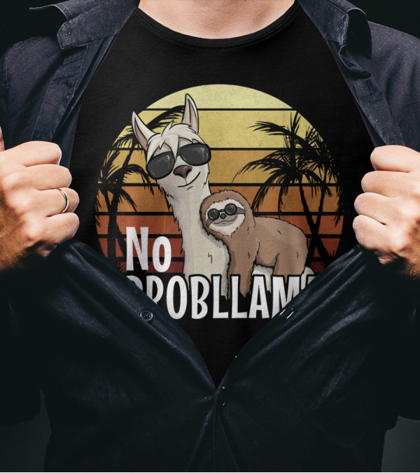 Retro Sunset Style Sloth Riding Llama With Sunglasses No ProbLlama T-Shirt