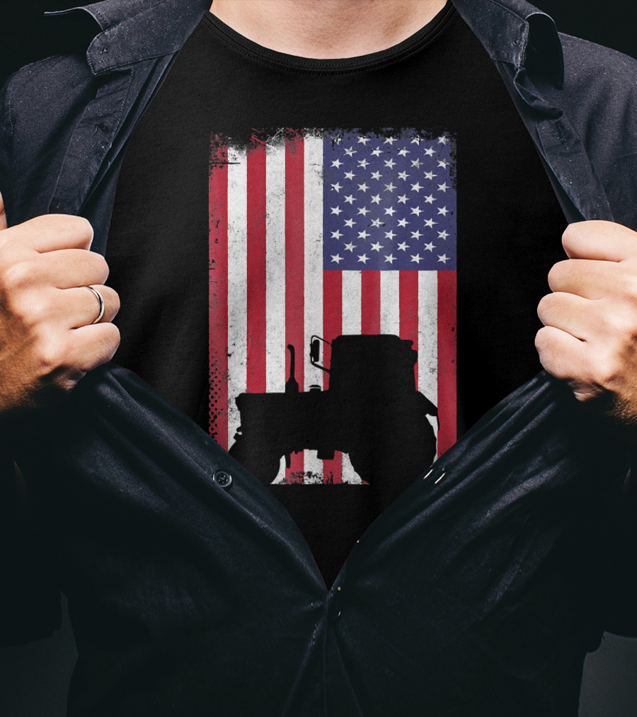 Patriotic American Flag With Vintage Tractor Farming T-Shirt