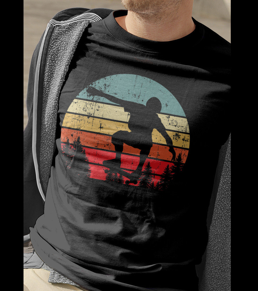 Trick Move Retro Vintage Skateboarder Silhouette Forest Sunset T-Shirt