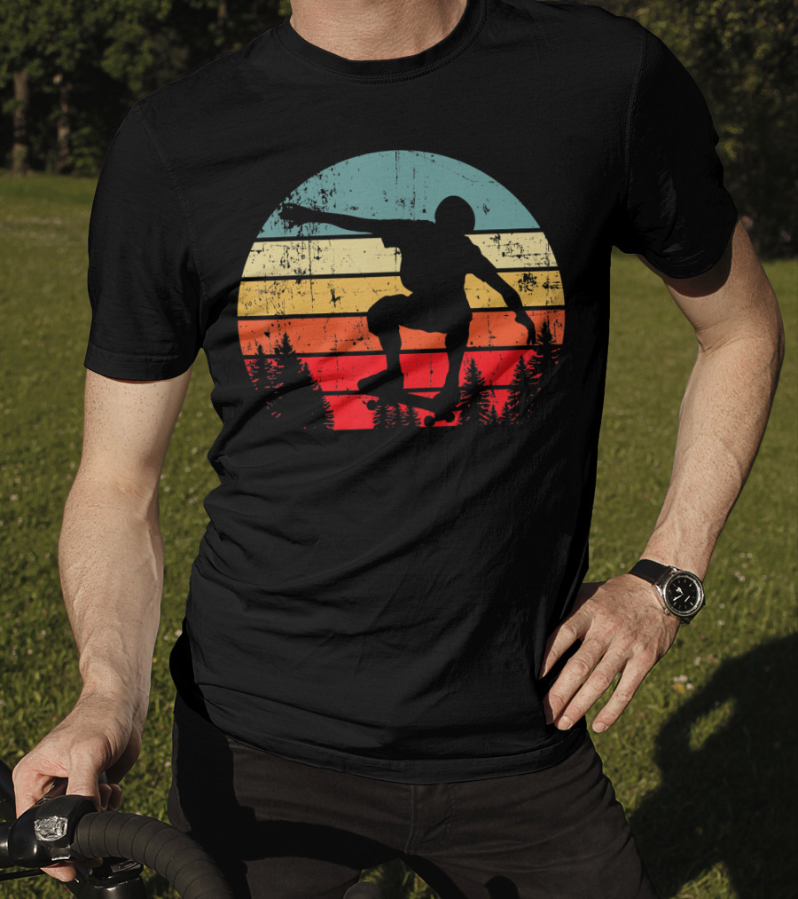 Trick Move Retro Vintage Skateboarder Silhouette Forest Sunset T-Shirt