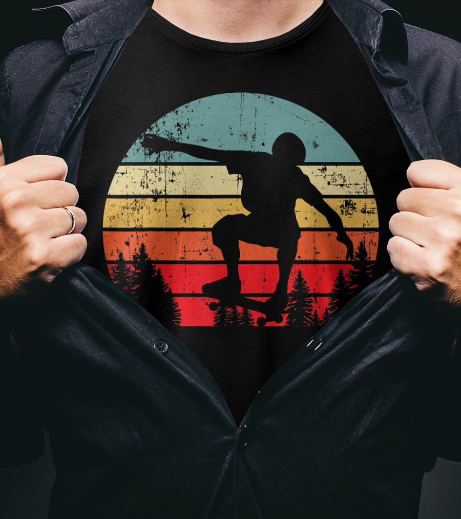 Trick Move Retro Vintage Skateboarder Silhouette Forest Sunset T-Shirt