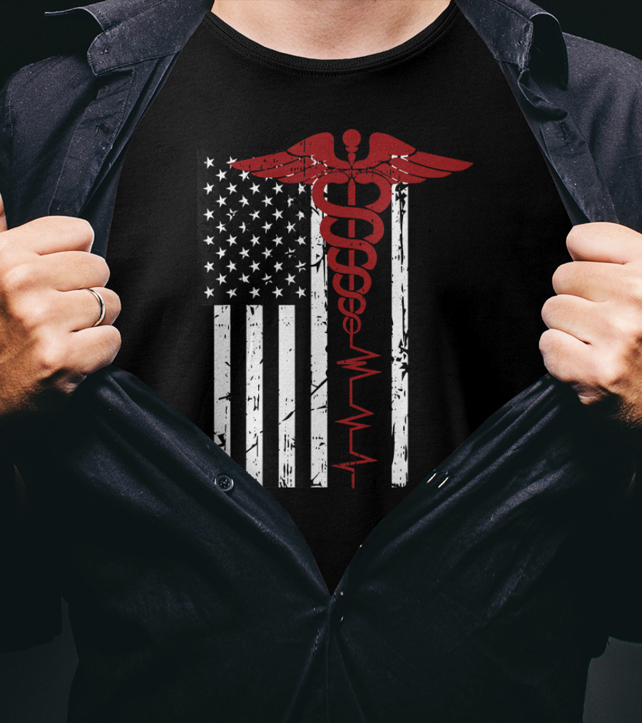 USA Flag Caduceus Medical Symbol Black Patriotic Nurse T-Shirt