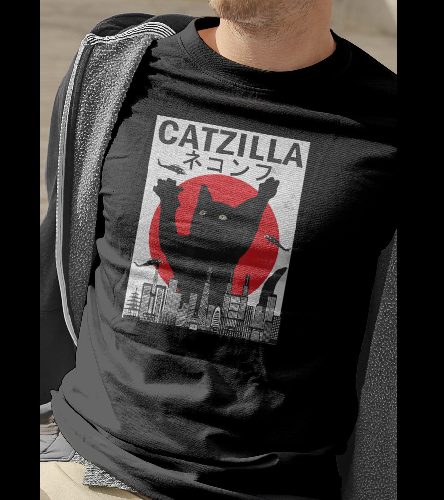 Catzilla Japanese Sunset Style Cat With Helicopter And Skyline Elements T-Shirt