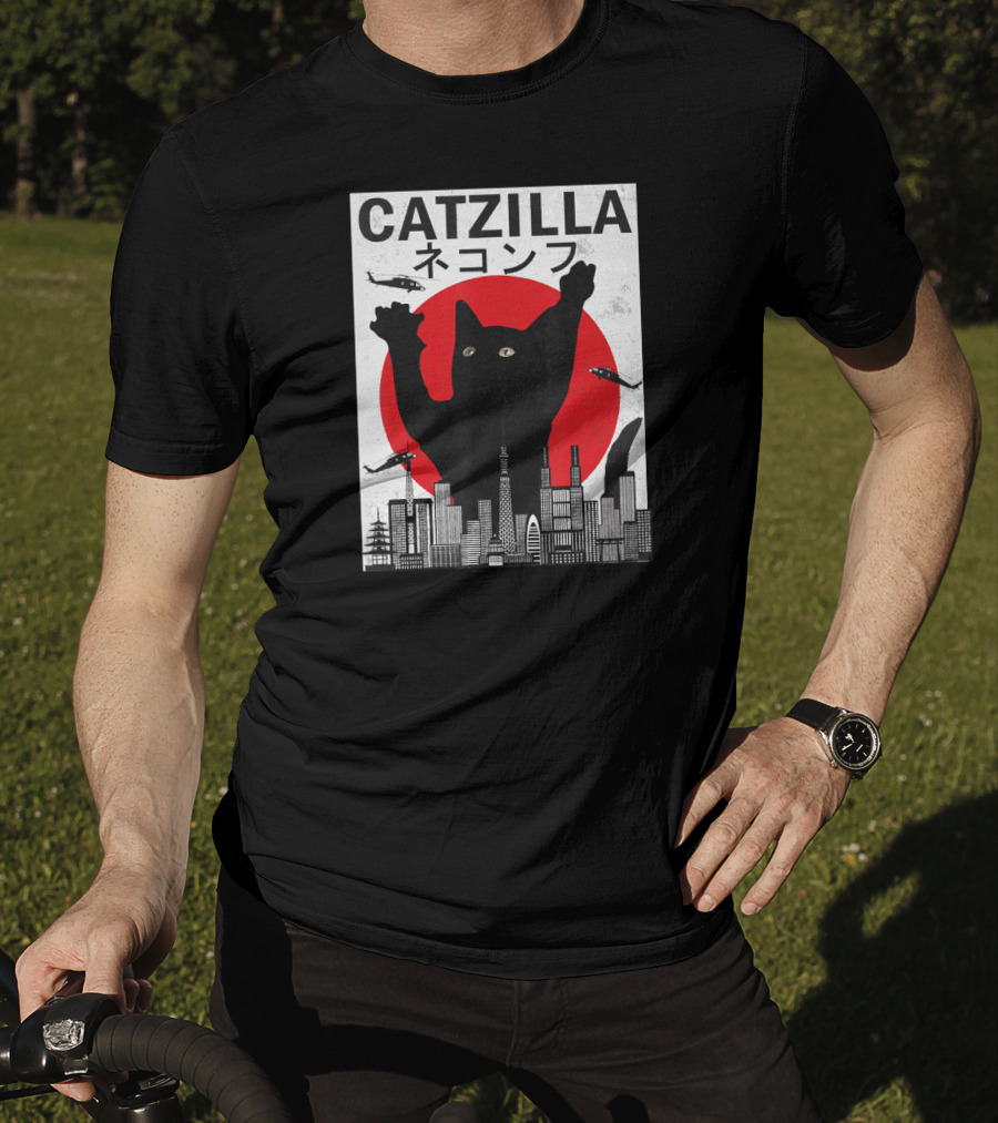 Catzilla Japanese Sunset Style Cat With Helicopter And Skyline Elements T-Shirt