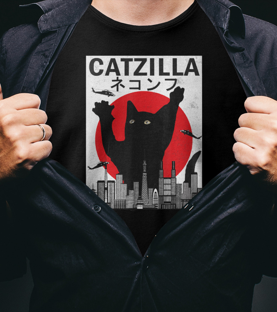 Catzilla Japanese Sunset Style Cat With Helicopter And Skyline Elements T-Shirt