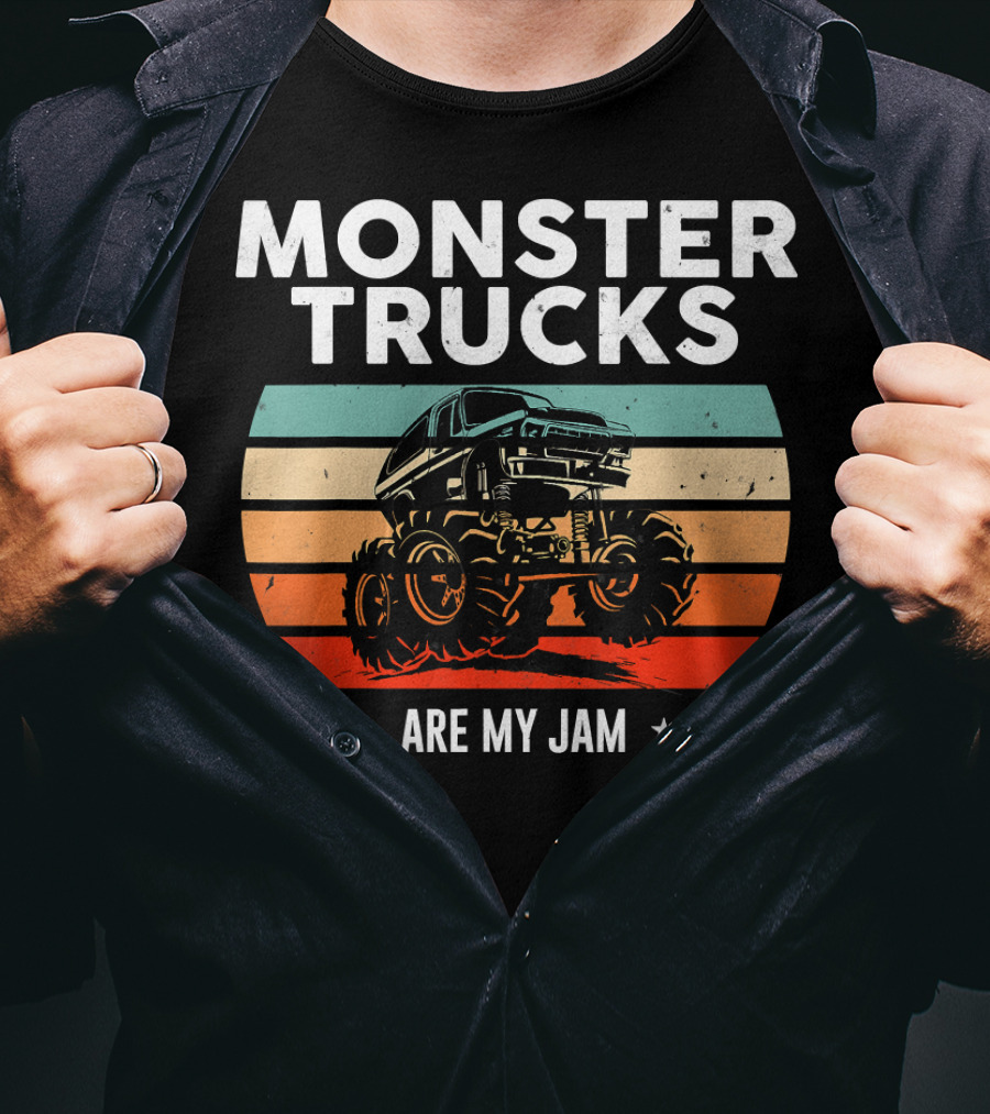 Monster Trucks Are My Jam Retro Sunset Vintage Cool Engines T-Shirt
