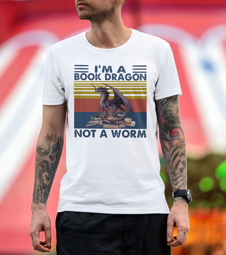 I'm A Book Dragon Not A Worm Fantasy Creature on Stack of Books T-Shirt
