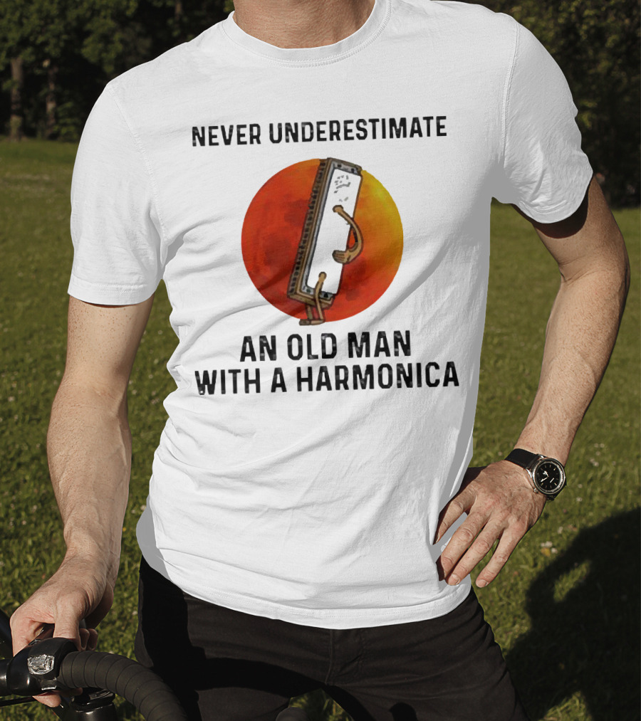 Never Underestimate An Old Man With A Harmonica Sunset Background T-Shirt