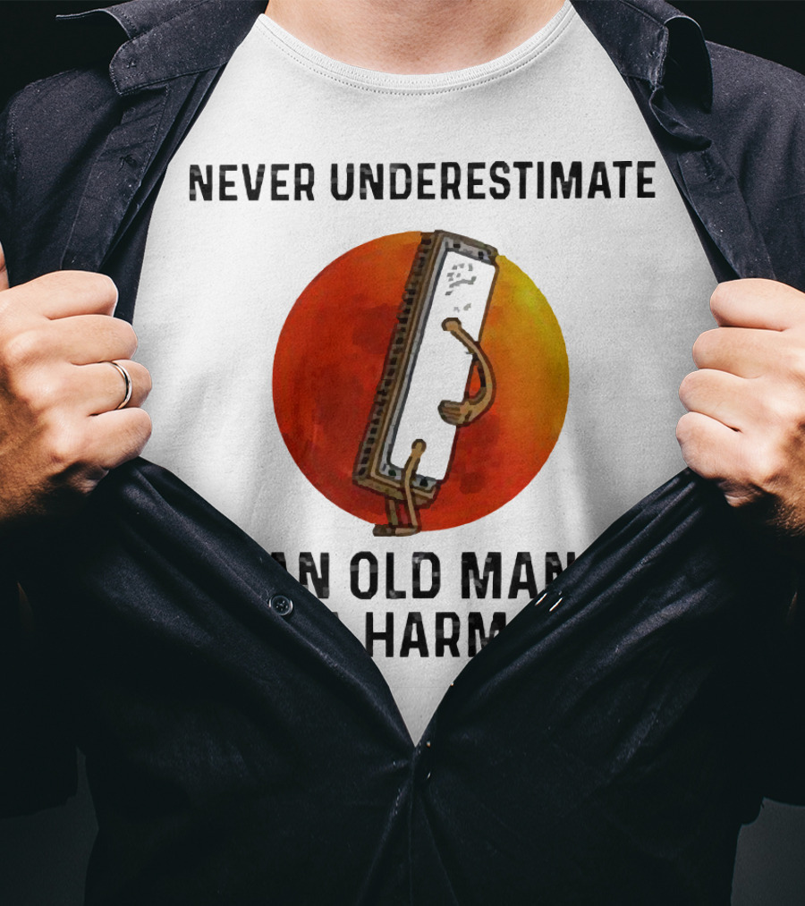 Never Underestimate An Old Man With A Harmonica Sunset Background T-Shirt