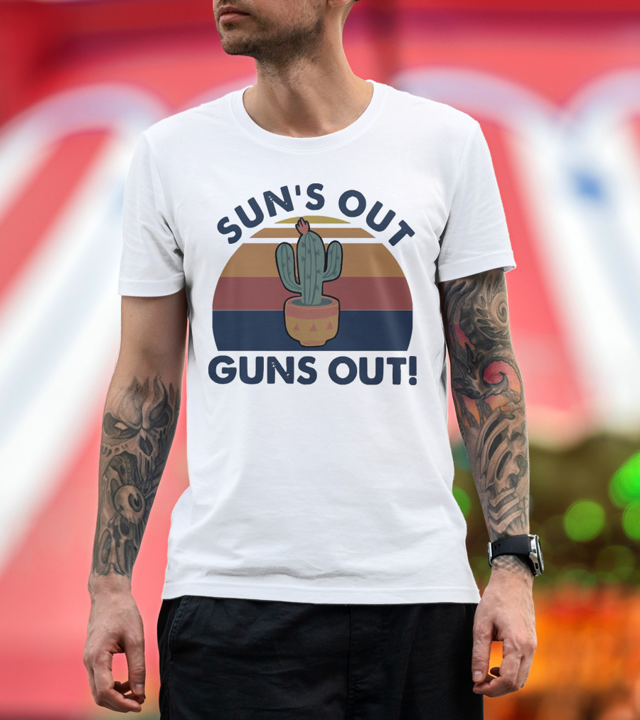 Sun’s Out Guns Out Cactus Retro Sunburst T-Shirt