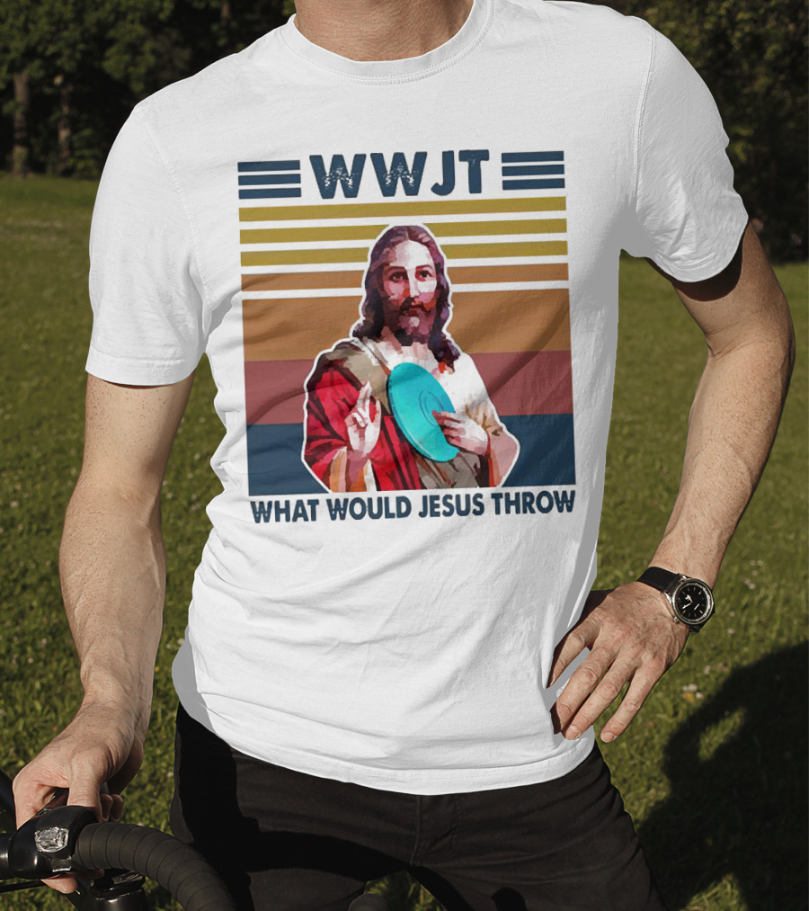 WWJT What Would Jesus Throw Disc Golf Frisbee Retro Stripes T-Shirt