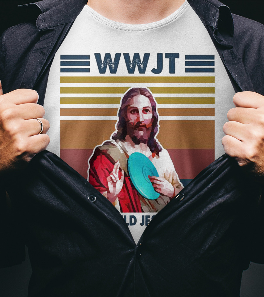 WWJT What Would Jesus Throw Disc Golf Frisbee Retro Stripes T-Shirt