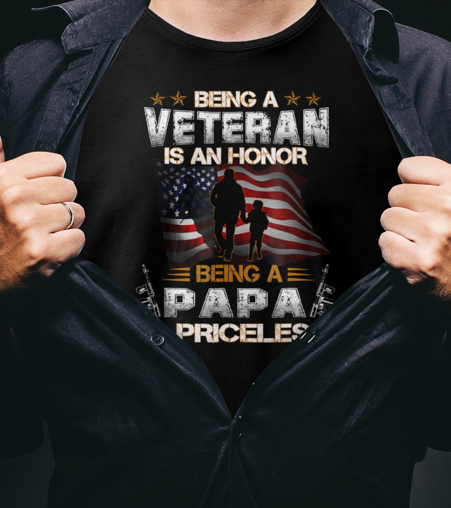Being A Veteran Is An Honor Being A Papa Is Priceless American Flag Silhouette With Stars And Guns T-Shirt