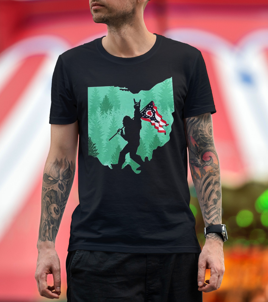 Bigfoot Rock and Roll Ohio State Silhouette with Flag Forest Background T-Shirt