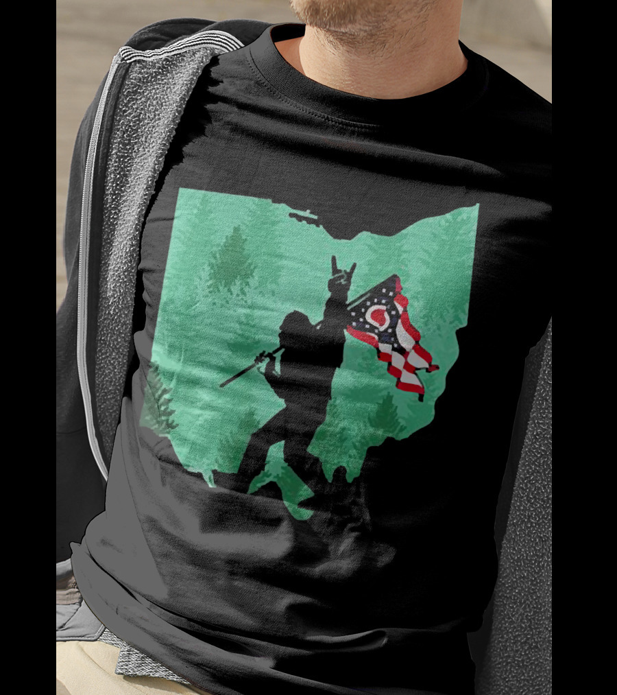 Bigfoot Rock And Roll Ohio State Silhouette With Flag Forest Background T-Shirt