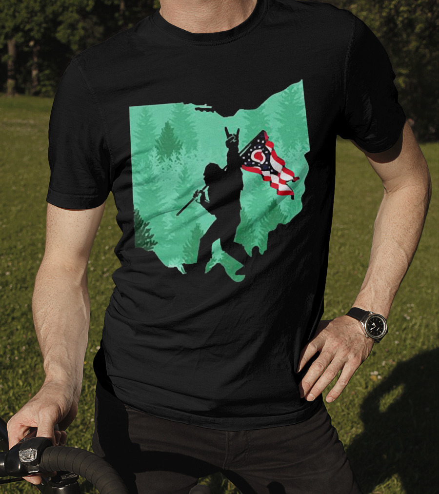 Bigfoot Rock And Roll Ohio State Silhouette With Flag Forest Background T-Shirt