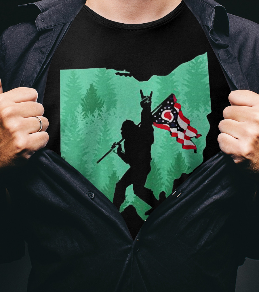 Bigfoot Rock And Roll Ohio State Silhouette With Flag Forest Background T-Shirt