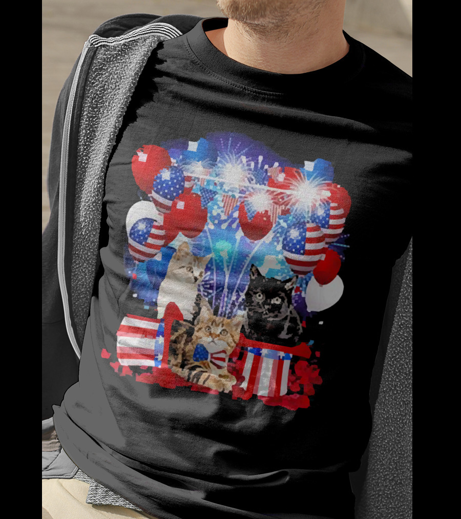 Cats Fireworks Balloons America Flag Happy Independence Day T-Shirt