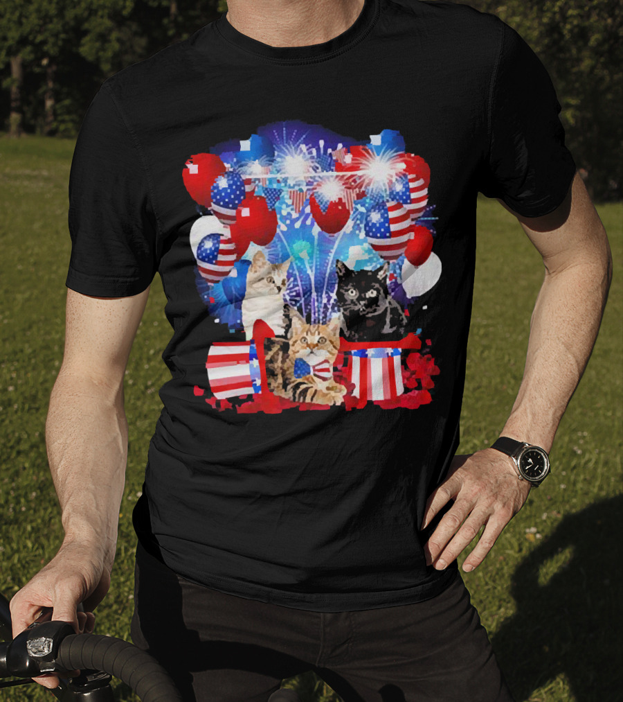 Cats Fireworks Balloons America Flag Happy Independence Day T-Shirt