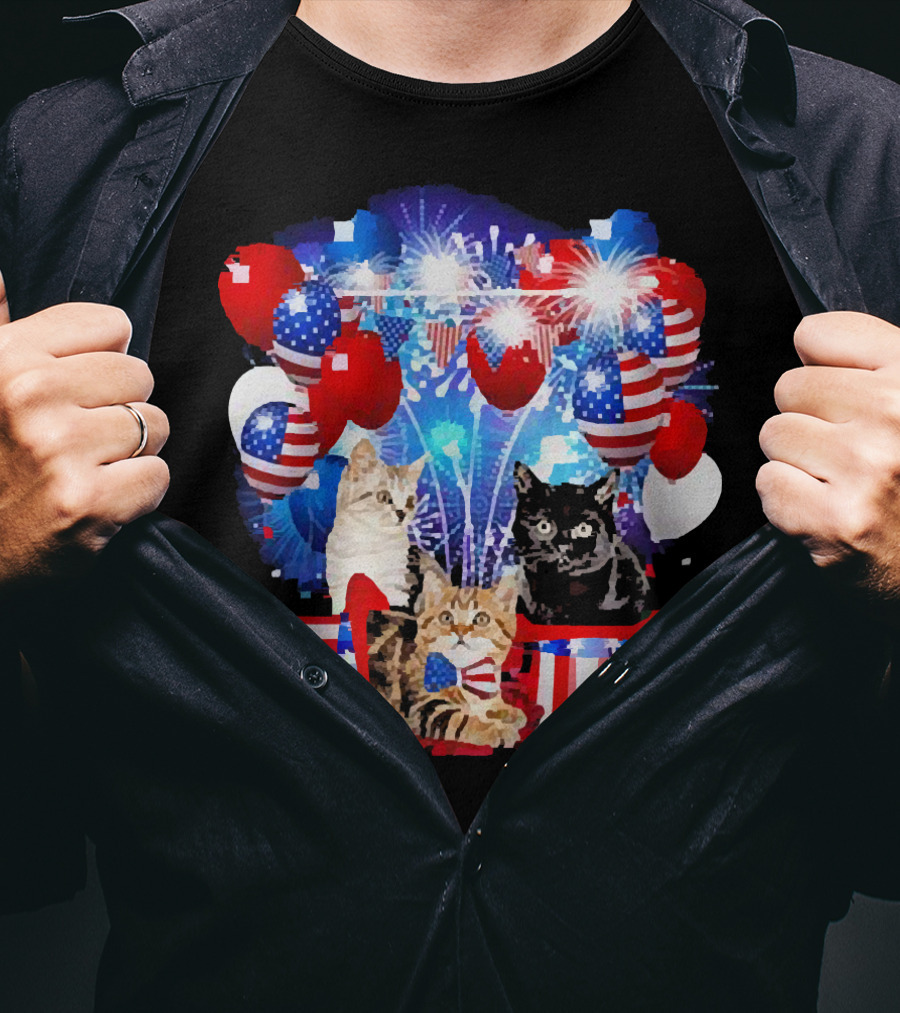Cats Fireworks Balloons America Flag Happy Independence Day T-Shirt