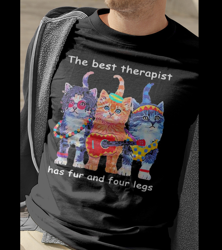 The Best Therapist Has Fur And Four Legs With Colorful Cats In Fun Outfits T-Shirt