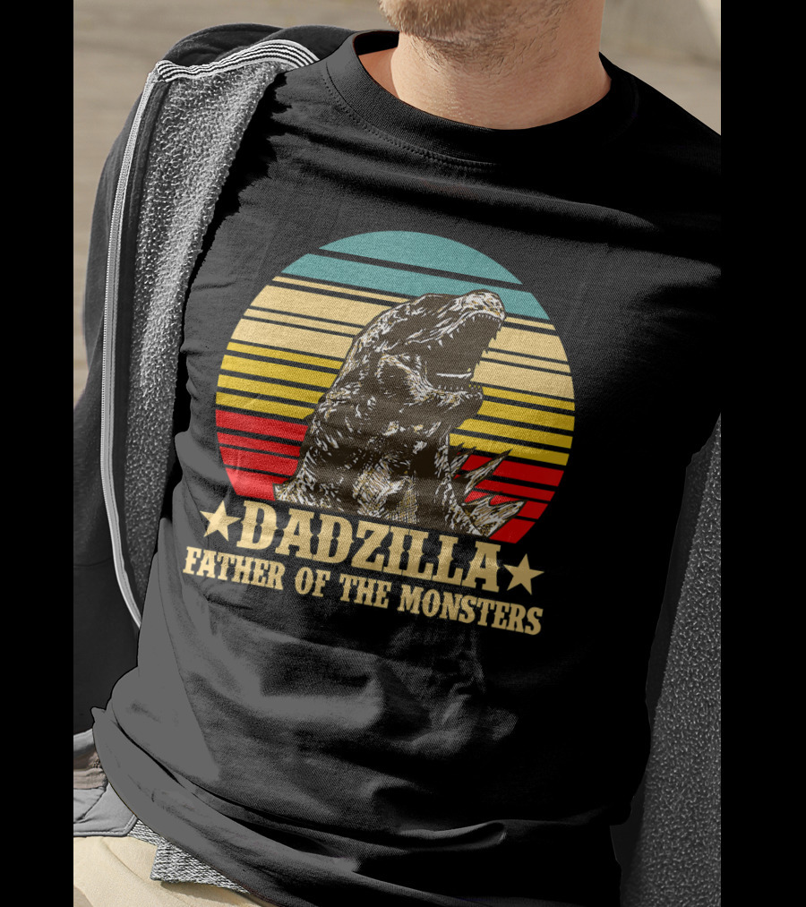 Dadzilla Father Of The Monsters Dinosaur Retro Sunset Stripe T-Shirt