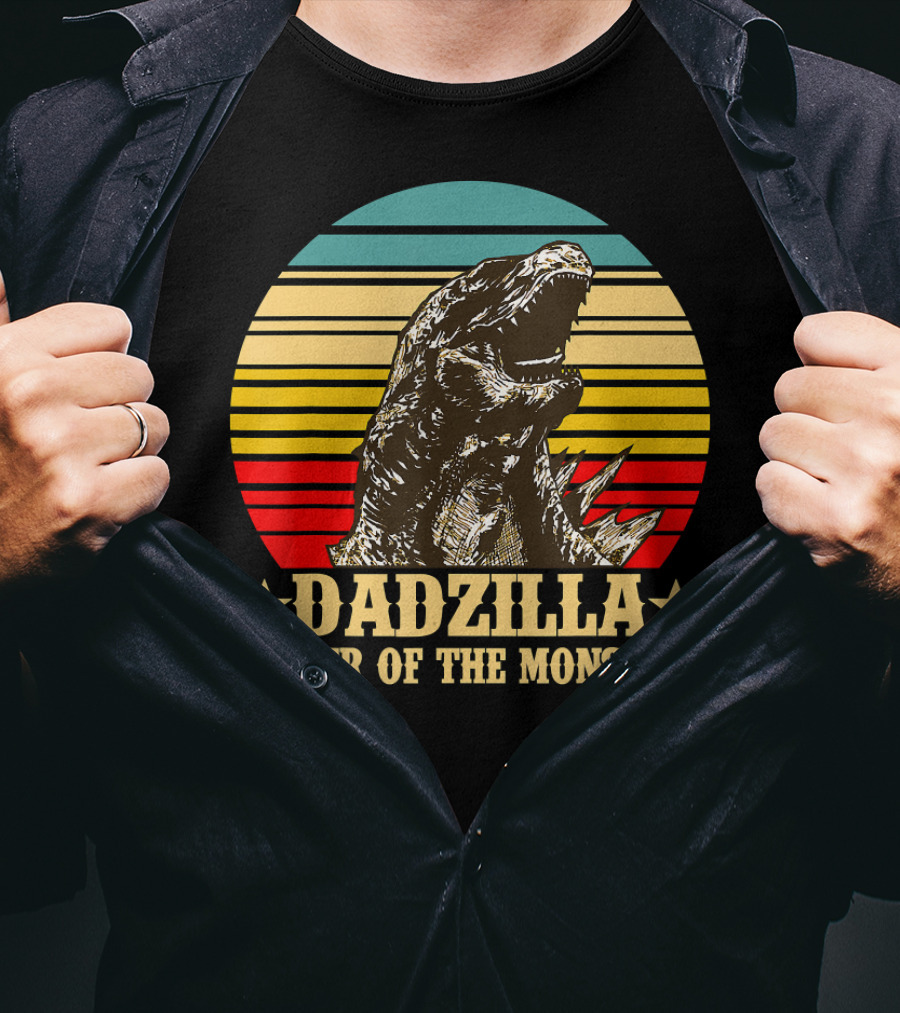 Dadzilla Father Of The Monsters Dinosaur Retro Sunset Stripe T-Shirt