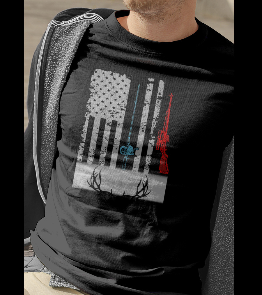 American Flag Fishing Rod Rifle Antlers T-Shirt