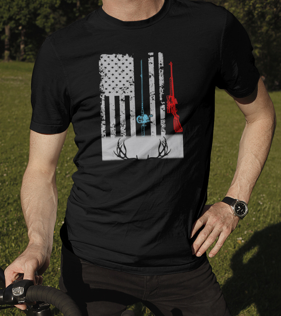American Flag Fishing Rod Rifle Antlers T-Shirt