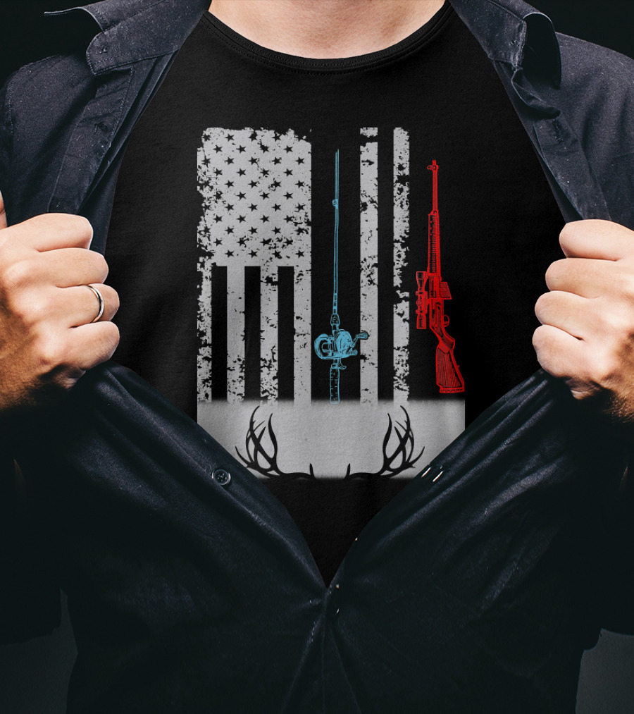 American Flag Fishing Rod Rifle Antlers T-Shirt