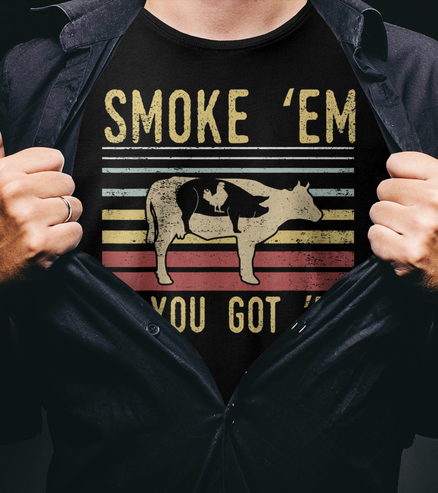Retro BBQ Smoke 'Em If You Got 'Em Grilling Cow And Pig Silhouette Vintage Stripes T-Shirt