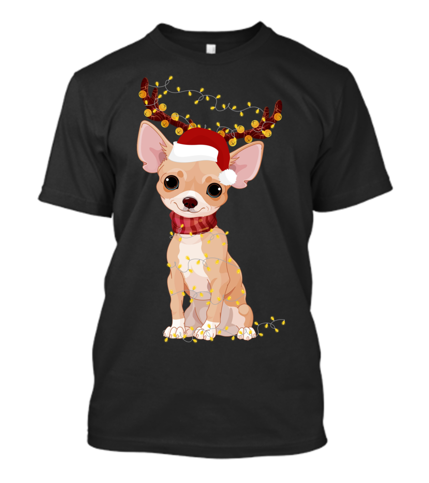 Chihuahua With Santa Hat Reindeer Antlers Christmas Lights Noel T-Shirt