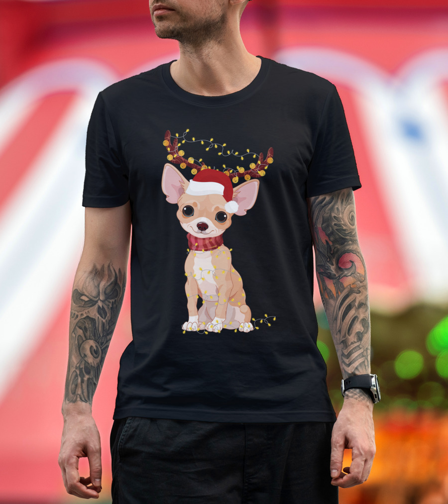Chihuahua with Santa Hat Reindeer Antlers Christmas Lights Noel T-Shirt