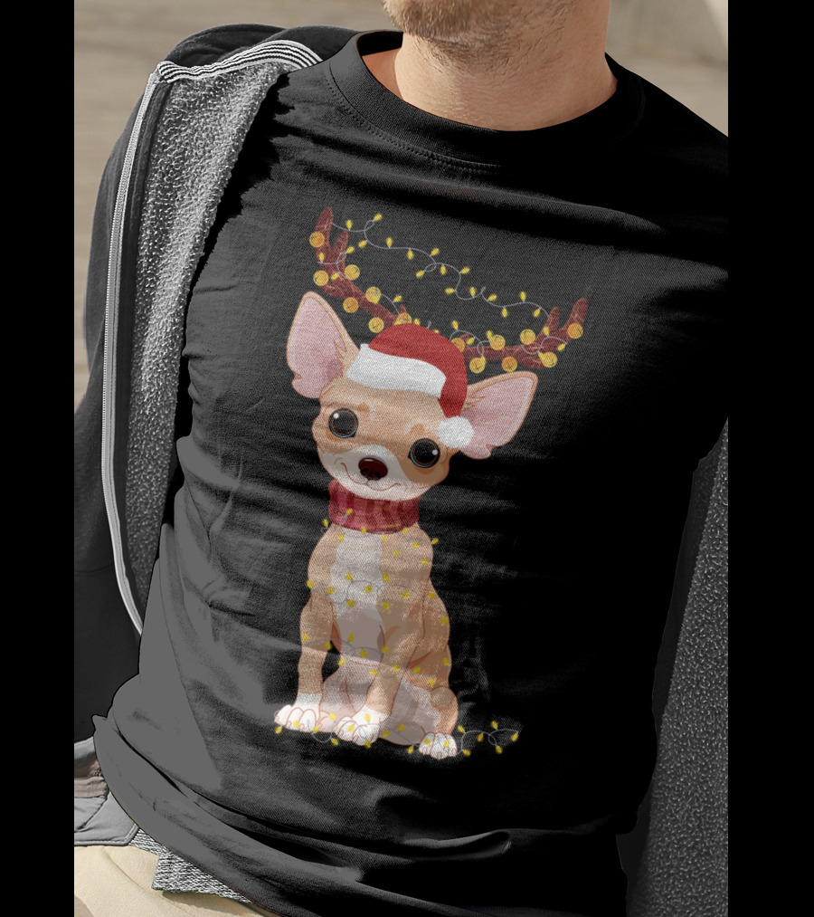 Chihuahua With Santa Hat Reindeer Antlers Christmas Lights Noel T-Shirt