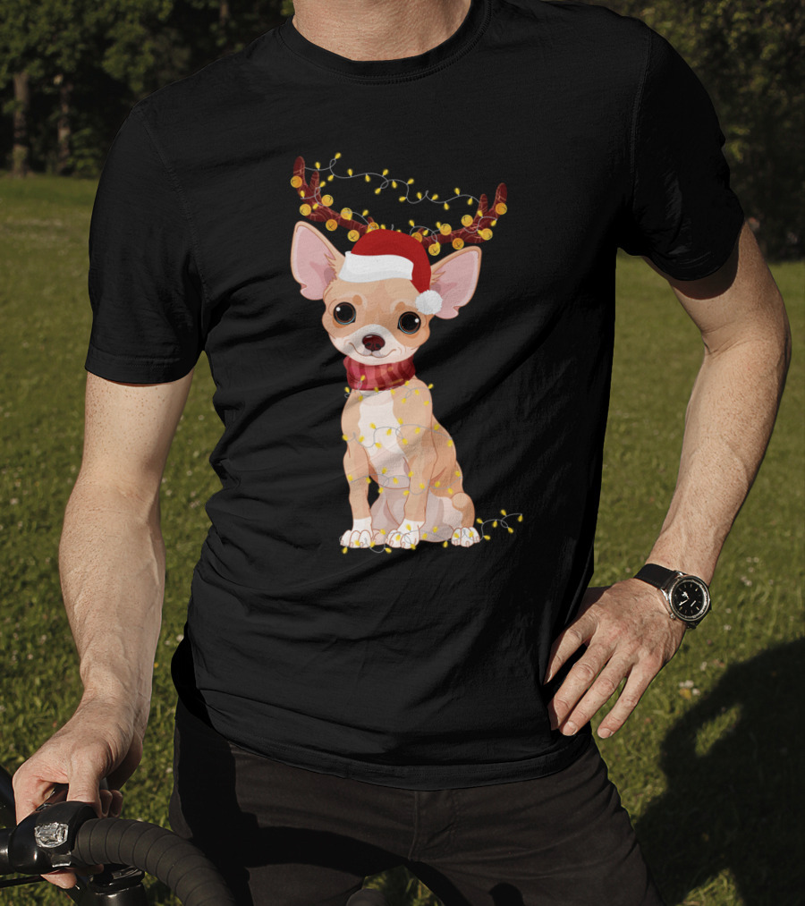 Chihuahua With Santa Hat Reindeer Antlers Christmas Lights Noel T-Shirt