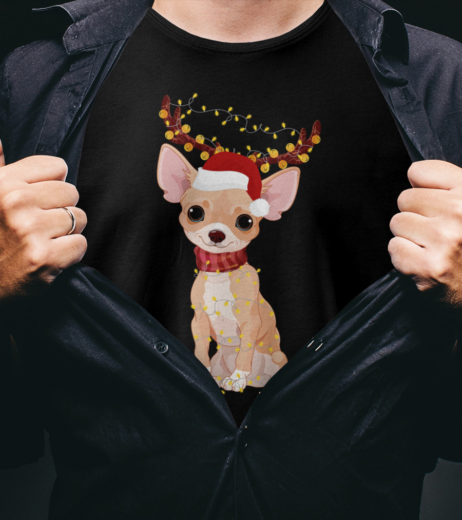 Chihuahua With Santa Hat Reindeer Antlers Christmas Lights Noel T-Shirt