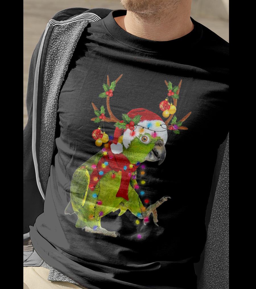 Cockatoo Parrot Reindeer Antlers Christmas Lights Santa Hat T-Shirt