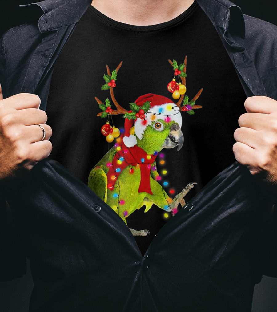 Cockatoo Parrot Reindeer Antlers Christmas Lights Santa Hat T-Shirt