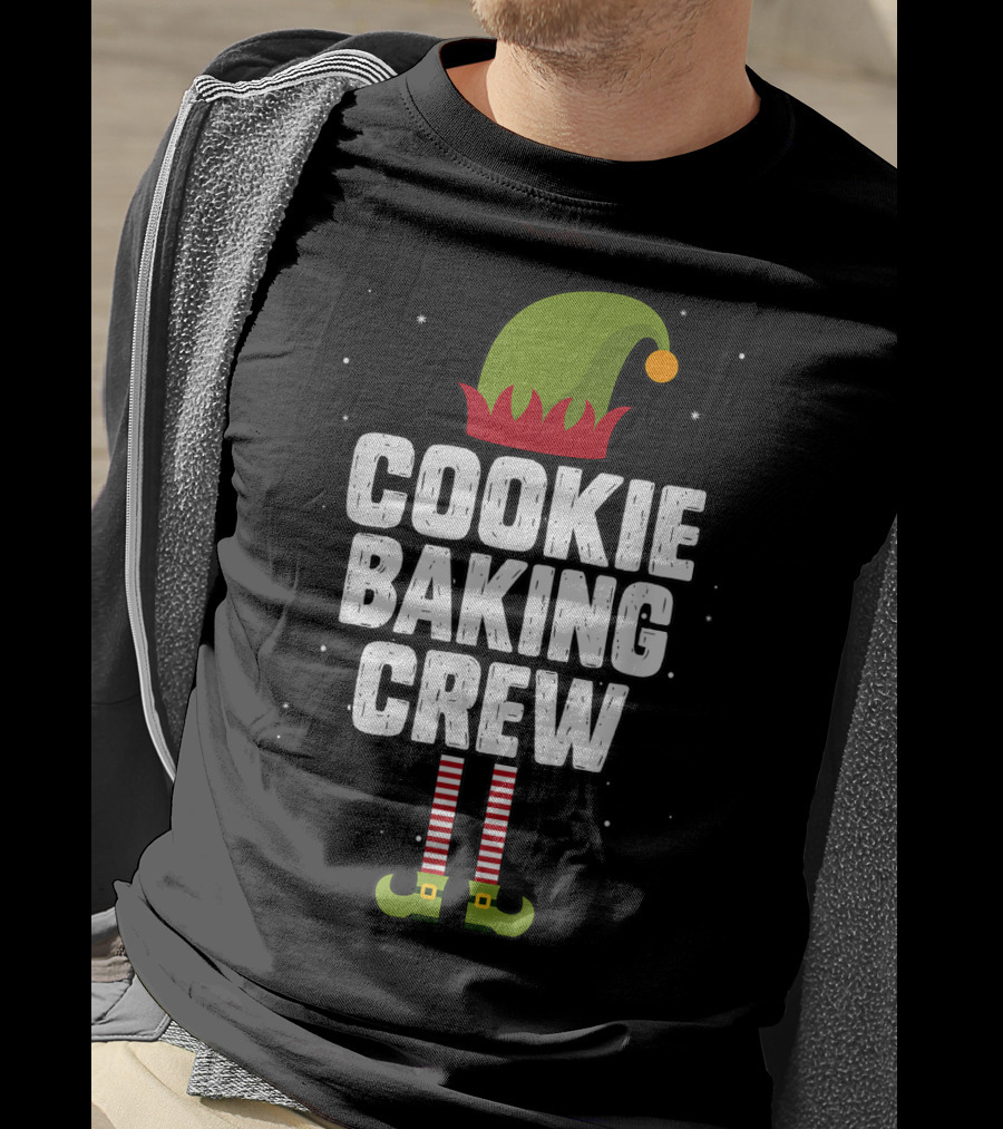 Cookie Baking Crew Christmas Elf Hat And Striped Stockings T-Shirt